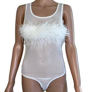 Forever 21 body suit white mesh boa feather top one piece semi sheer SZ M snap